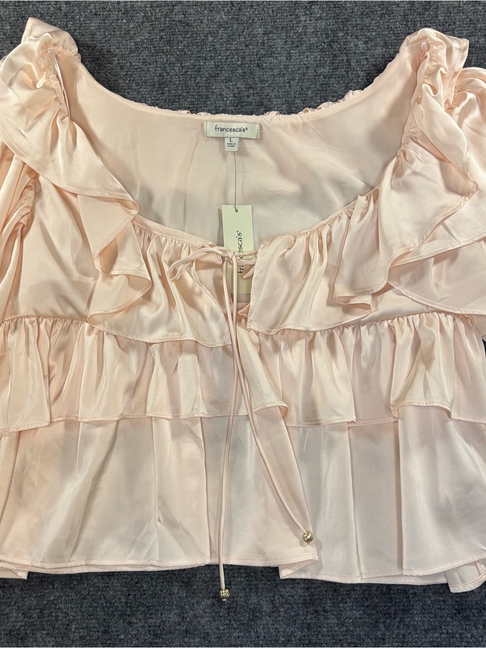 Francesca's Blush Pink Ella Ruffle Tiered Satin Tie-String Babydoll L Blouse NWT - Picture 3 of 8